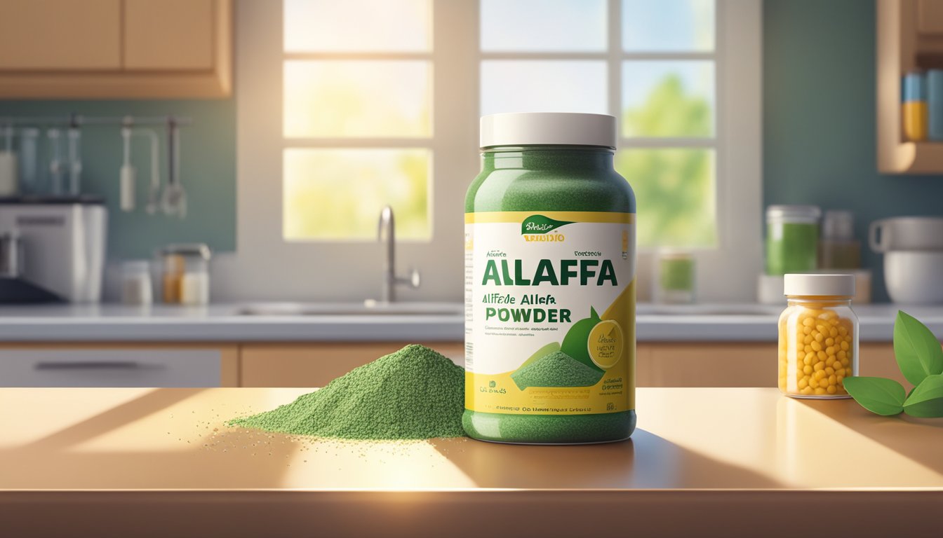 A jar of alfalfa powder sits on a kitchen counter next to a bottle of diet supplements. The sunlight streams in through the window, casting a warm glow on the products