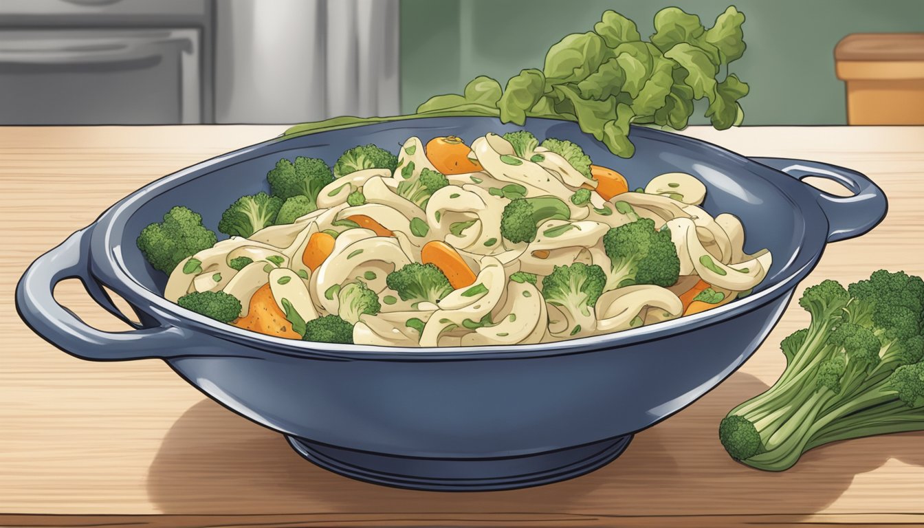 A bowl of alfredo vegetable medley sits on a kitchen counter, showing signs of spoilage with wilting vegetables and a sour smell