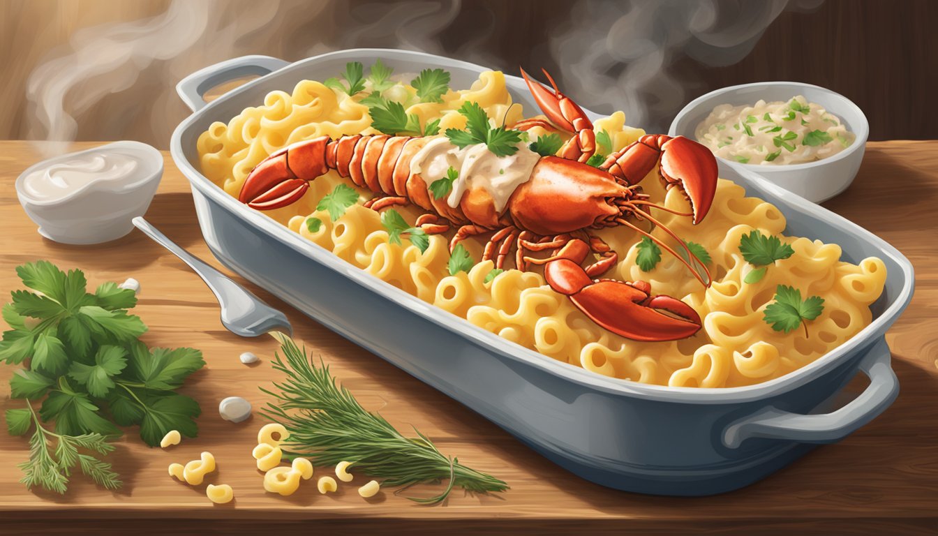 A steaming dish of Aldi's Specially Selected lobster mac and cheese sits on a rustic wooden table, surrounded by fresh herbs and a hint of steam rising from the creamy, golden pasta