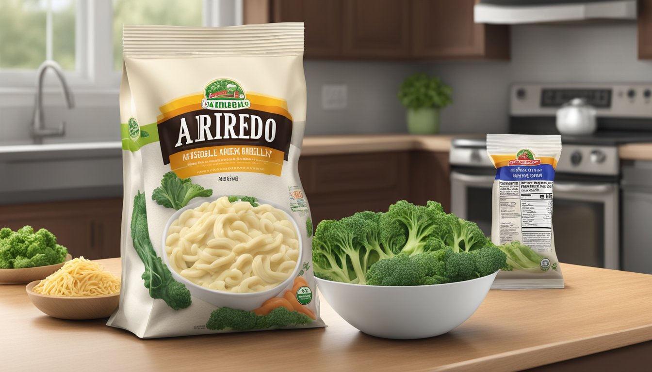 A sealed bag of alfredo vegetable medley sits on a kitchen counter, with a visible expiration date