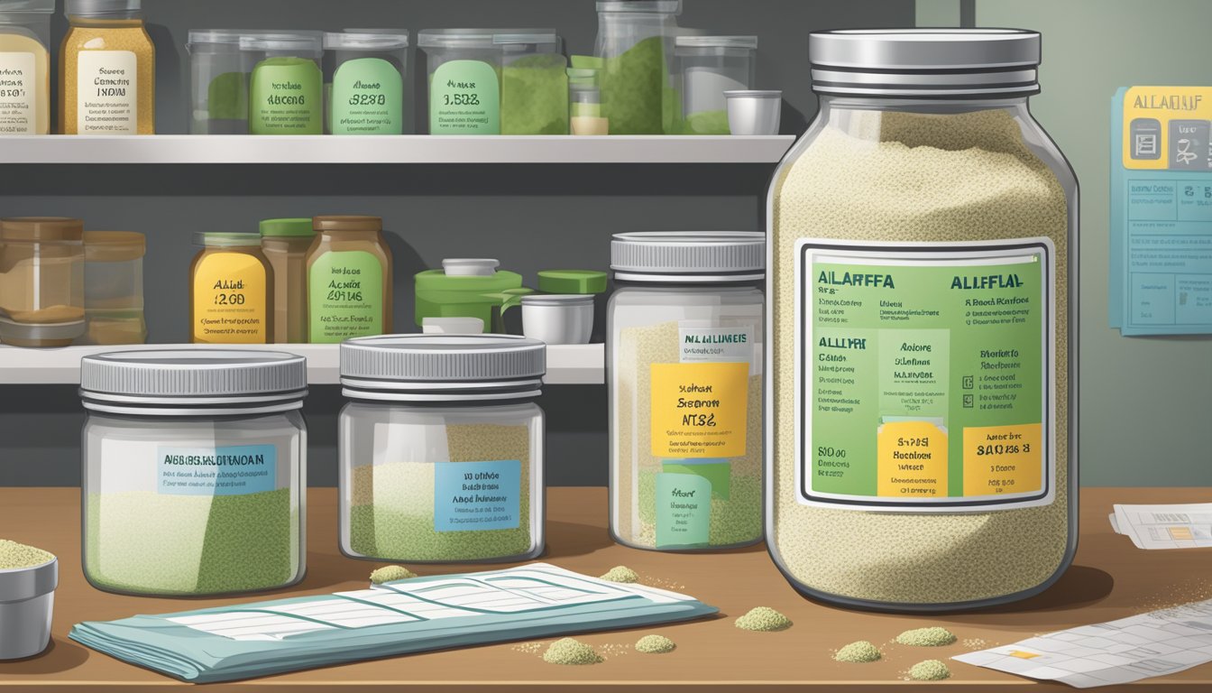 A jar of alfalfa powder sits on a kitchen counter, surrounded by various expiration date labels and a calendar, suggesting considerations and contraindications for its shelf life