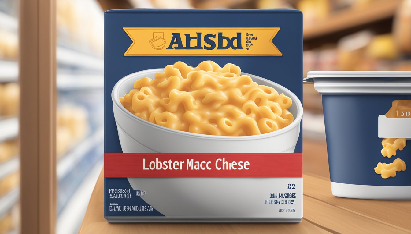 A bowl of Aldi's Specially Selected lobster mac and cheese sits on a shelf, with a label indicating the expiration date