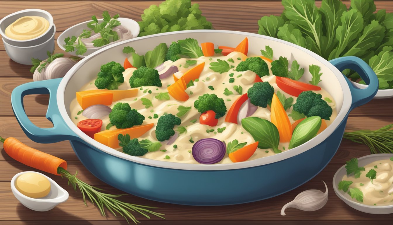 A colorful vegetable medley in a creamy alfredo sauce sits steaming in a large serving dish on a rustic wooden table, surrounded by fresh herbs and spices