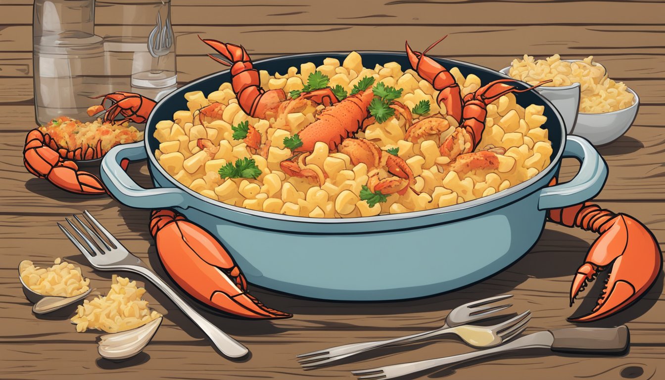 A steaming dish of lobster mac and cheese sits on a rustic wooden table, surrounded by scattered lobster shells and a fork