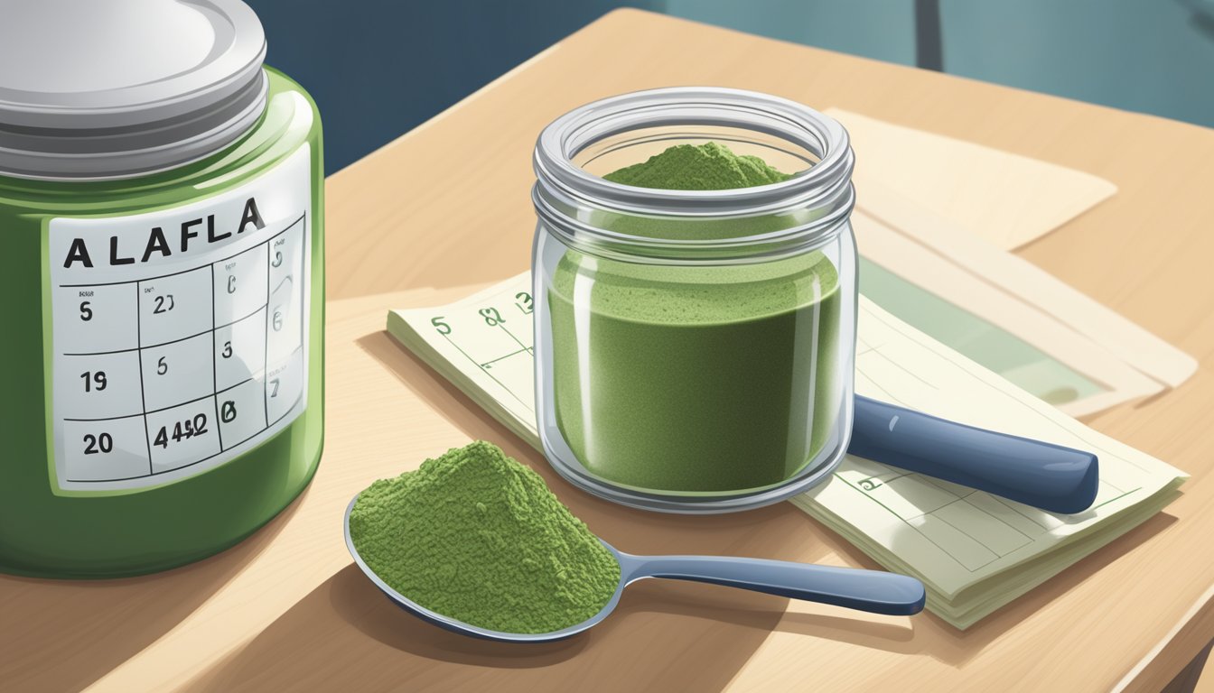 A jar of alfalfa powder sits on a kitchen counter, next to a measuring spoon and a calendar. The powder is sealed and appears fresh