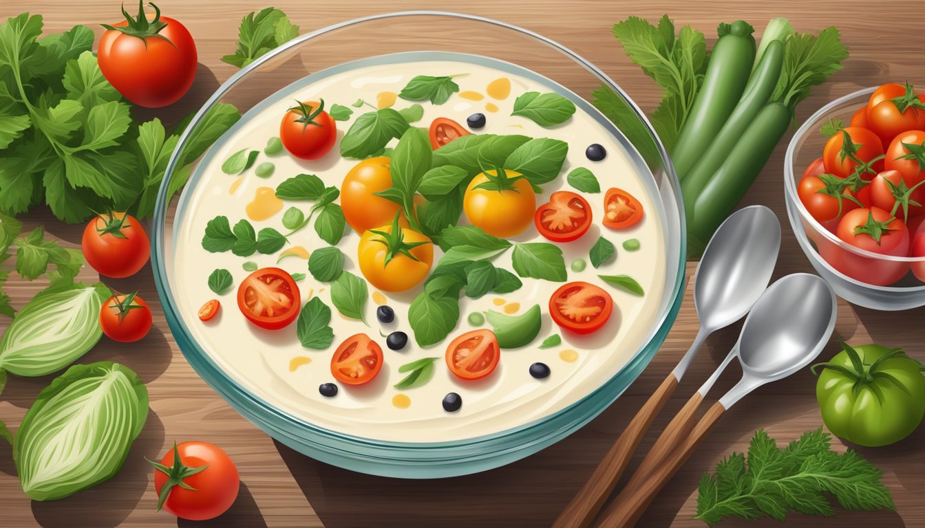 A colorful medley of fresh vegetables and creamy alfredo sauce sits in a glass bowl on a wooden table, surrounded by vibrant green herbs and a scattering of cherry tomatoes