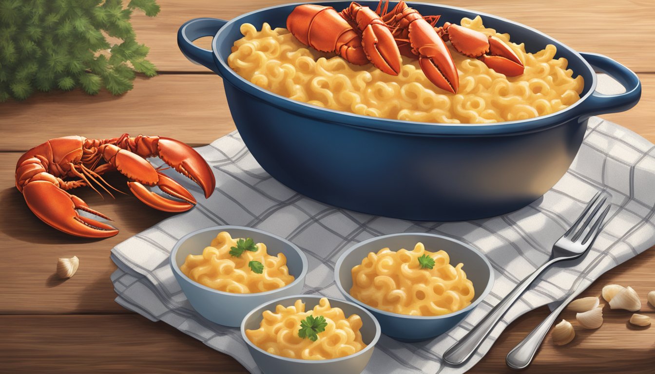 A steaming bowl of Aldi's specially selected lobster mac and cheese sits on a rustic wooden table, surrounded by scattered lobster shells and a decorative cloth napkin