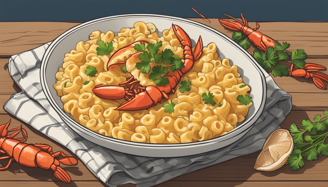 A bowl of Aldi's lobster mac and cheese sits on a rustic wooden table, surrounded by a few scattered lobster shells and a sprig of fresh parsley