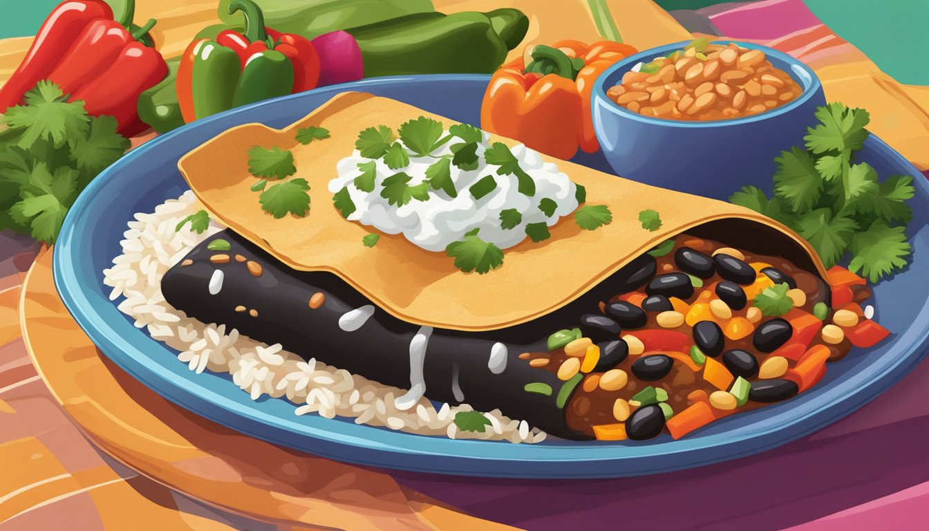 A steaming black bean vegetable enchilada sits on a colorful plate next to a side of rice and beans, surrounded by vibrant peppers and fresh cilantro