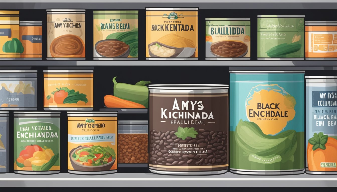 A colorful can of Amy's Kitchen Black Bean Vegetable Enchilada sits on a shelf, surrounded by other canned goods in a pantry