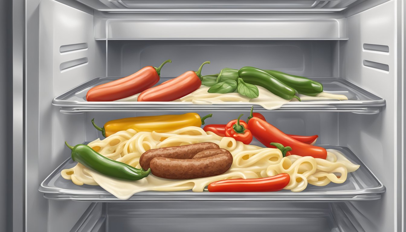 A plate of Alfredo sausage and peppers is being covered and placed in the refrigerator