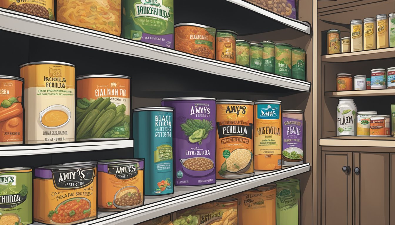 A sealed Amy's Kitchen black bean vegetable enchilada sits on a pantry shelf next to other canned and packaged foods