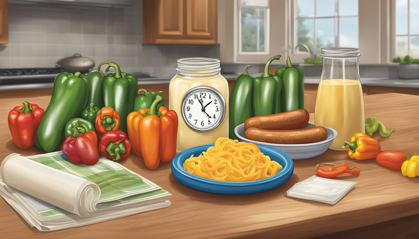 A jar of alfredo sauce, a coil of sausage, and a colorful assortment of bell peppers sit on a kitchen counter, surrounded by a calendar and a clock