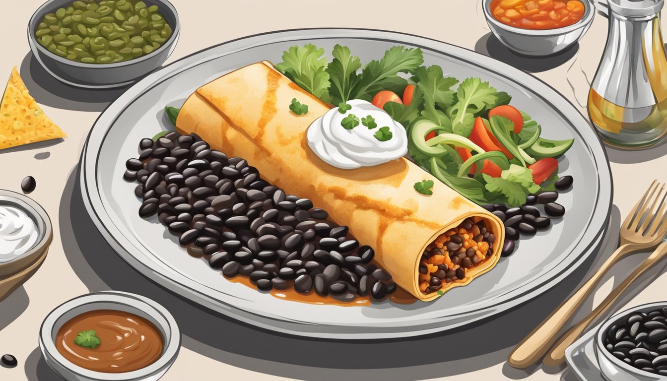 A steaming enchilada sits on a plate, surrounded by black beans, vegetables, and a flavorful sauce