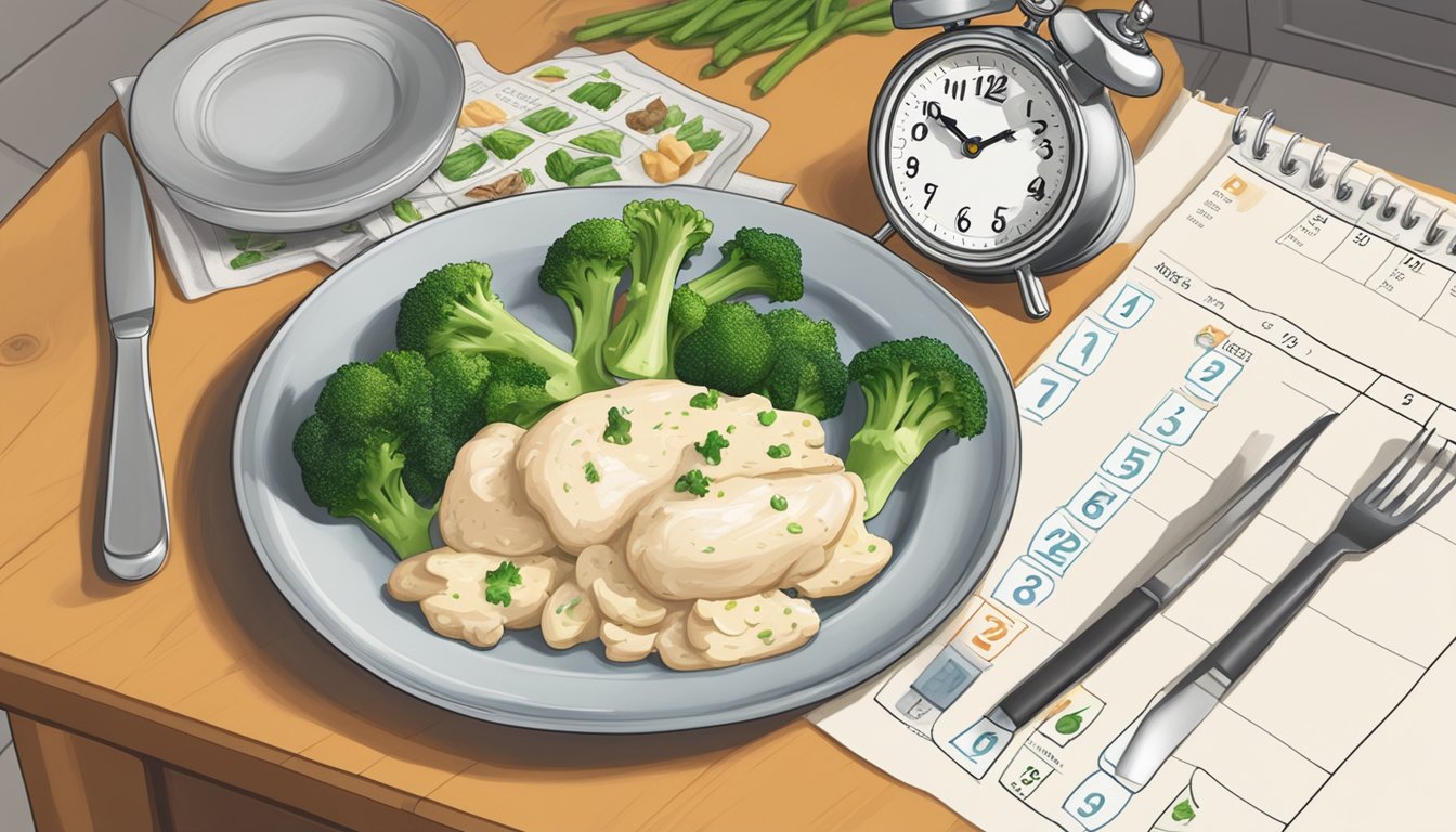 A plate of alfredo chicken and broccoli sits on a kitchen counter, surrounded by a calendar and a clock, indicating the passage of time