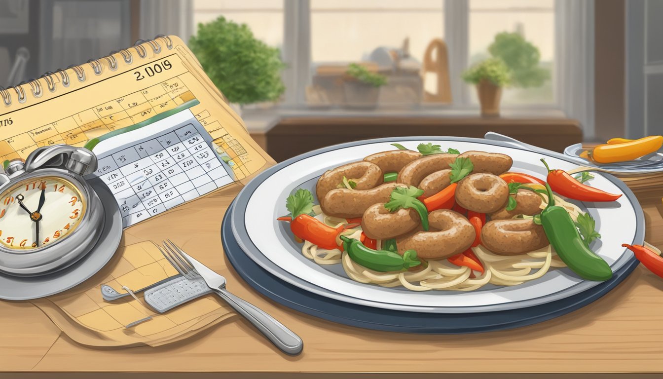 A plate of alfredo sausage and peppers sits on a counter, surrounded by a calendar and clock, showing the passage of time