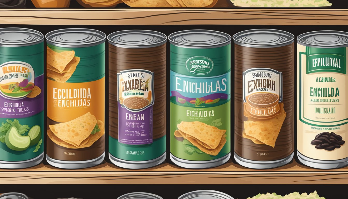 A pantry shelf with canned black bean vegetable enchiladas, expiration date visible