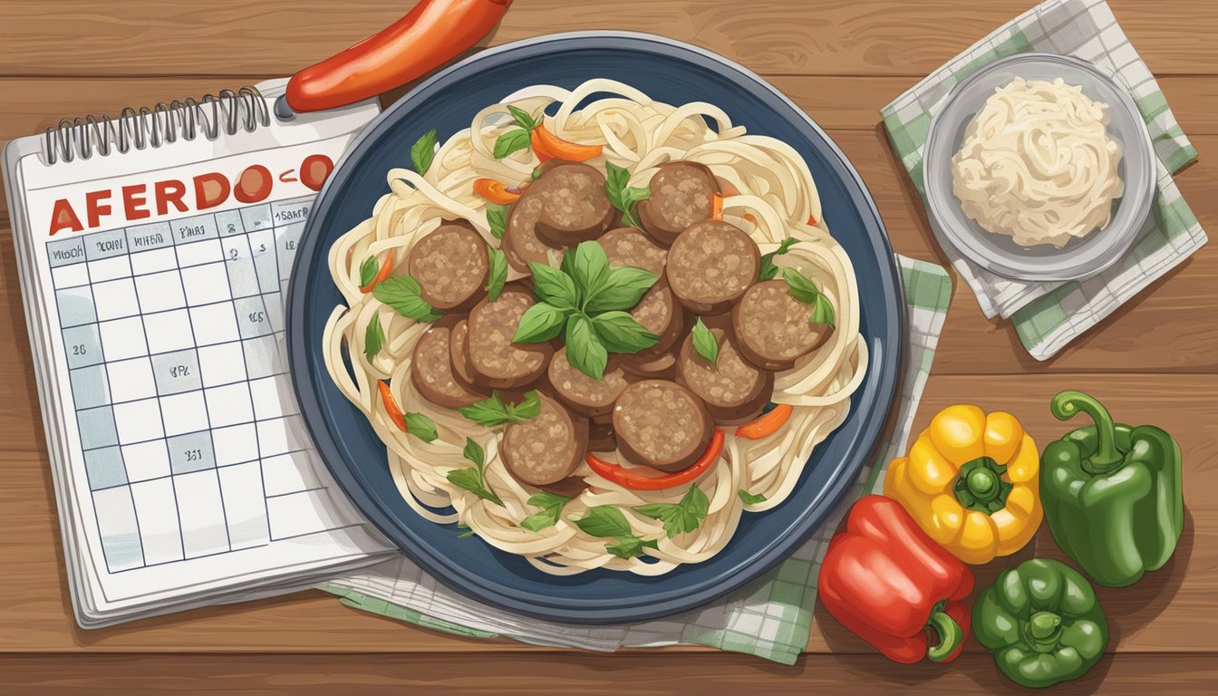 A plate of alfredo sausage and peppers sits on a kitchen counter, covered with plastic wrap. The dish is surrounded by fresh ingredients and a calendar showing the current date