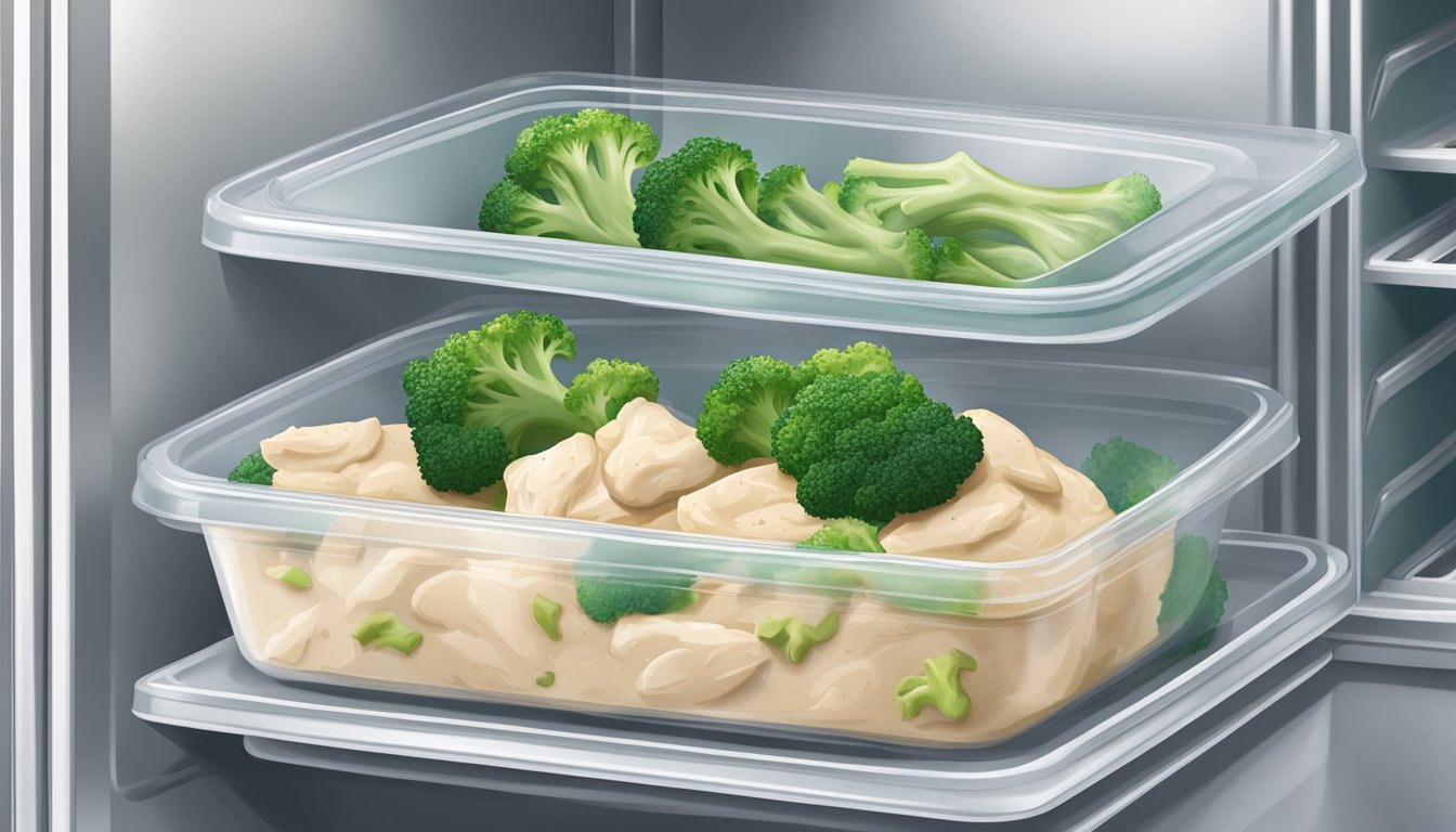 A sealed container of alfredo chicken and broccoli in a refrigerator, with a visible date label for reference