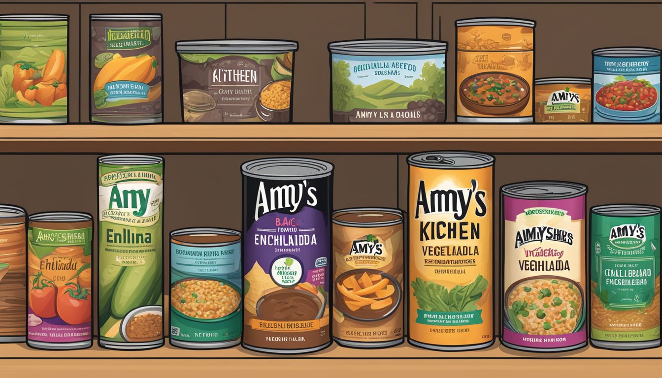 A colorful can of Amy's Kitchen Black Bean Vegetable Enchilada sits on a pantry shelf next to other canned goods