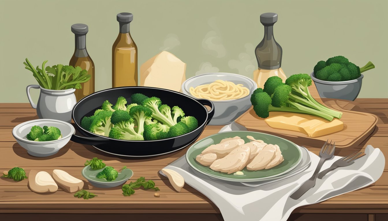 A steaming plate of alfredo chicken and broccoli sits on a rustic wooden table, surrounded by fresh ingredients and cooking utensils