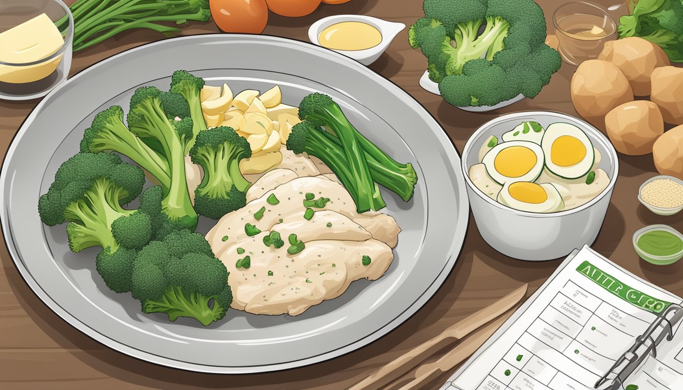 A plate of alfredo chicken and broccoli sits on a kitchen counter, surrounded by fresh ingredients and a nutrition guide