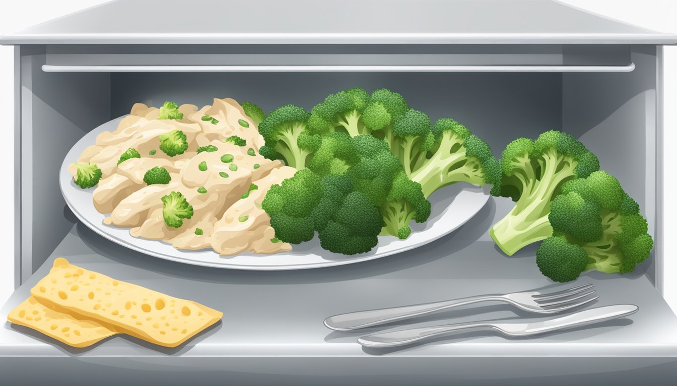 A plate of alfredo chicken and broccoli with sides, covered and stored in the refrigerator