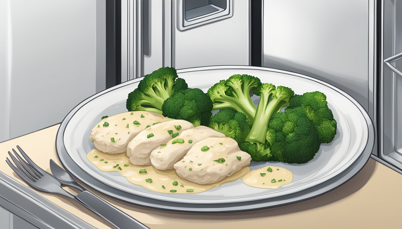 A plate of alfredo chicken and broccoli sits covered in a refrigerator