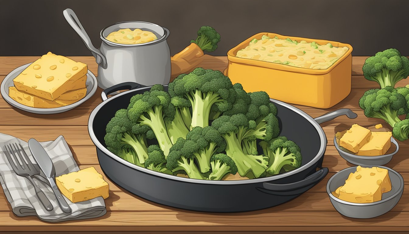 A steaming dish of Amy's broccoli and cheddar bake sits on a rustic wooden table, surrounded by fresh ingredients and cooking utensils