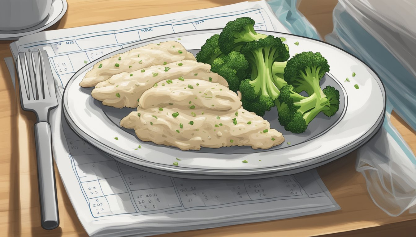 A plate of alfredo chicken and broccoli sits on a kitchen table, covered with plastic wrap. A calendar on the wall shows the current date