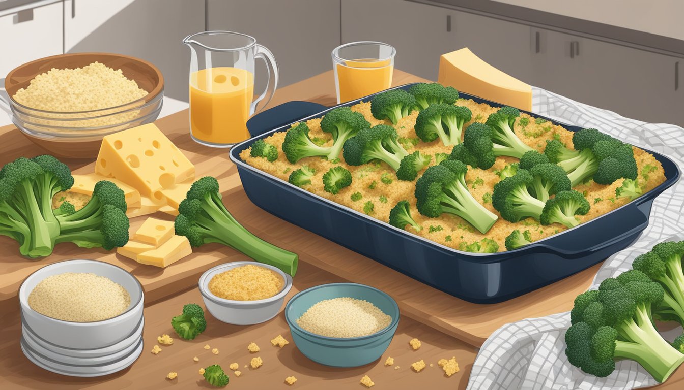 Fresh broccoli and cheddar bake in a baking dish, surrounded by ingredients like cheese, breadcrumbs, and seasonings on a clean kitchen counter