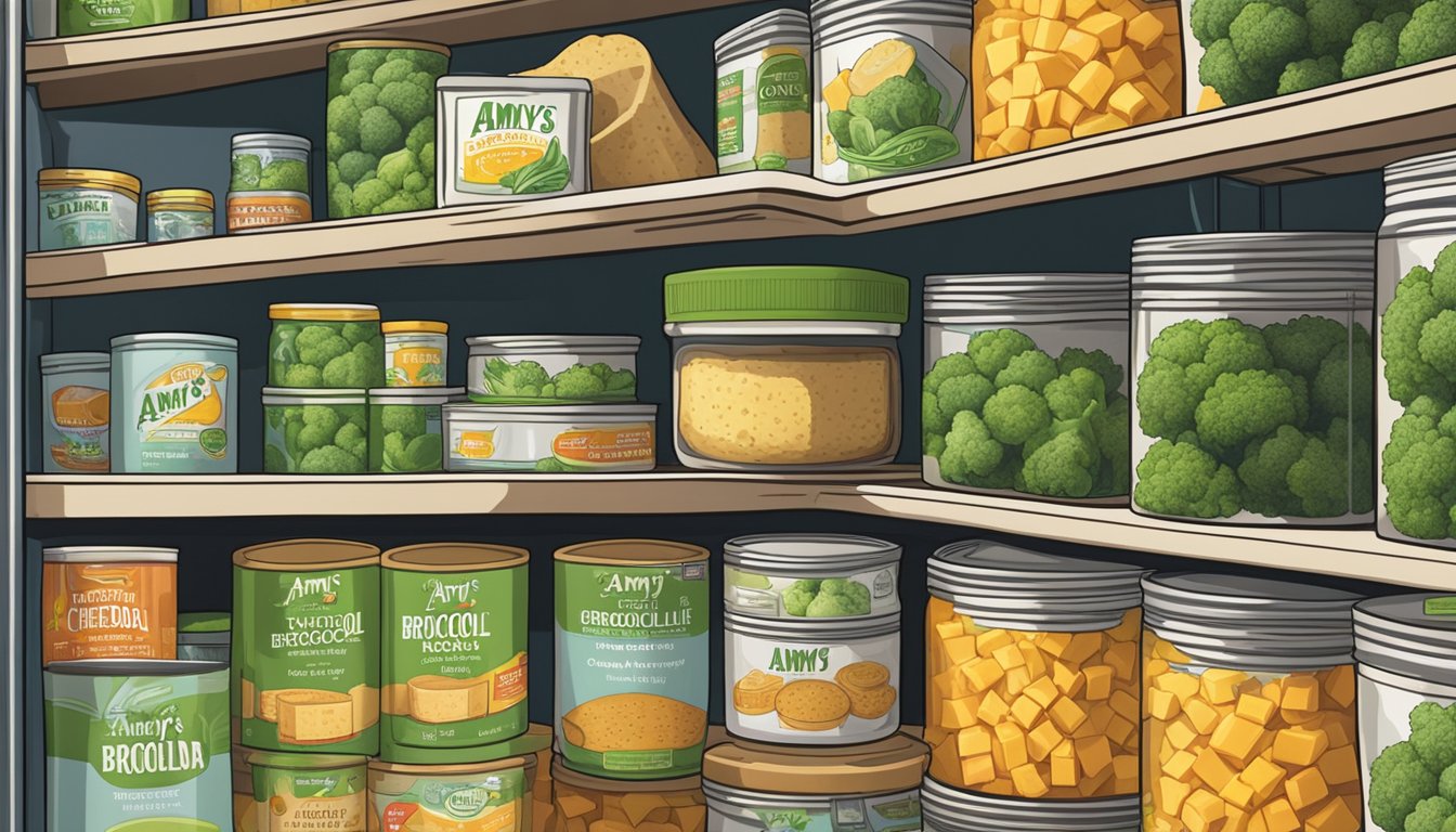 A sealed container of Amy's broccoli and cheddar bake sits on a pantry shelf, surrounded by other canned and packaged goods