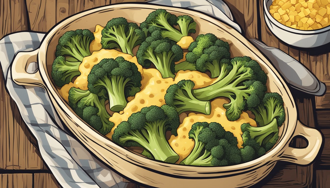 A steaming Amy's broccoli and cheddar bake sits on a rustic wooden table, surrounded by fresh broccoli florets and a sprinkle of cheddar cheese