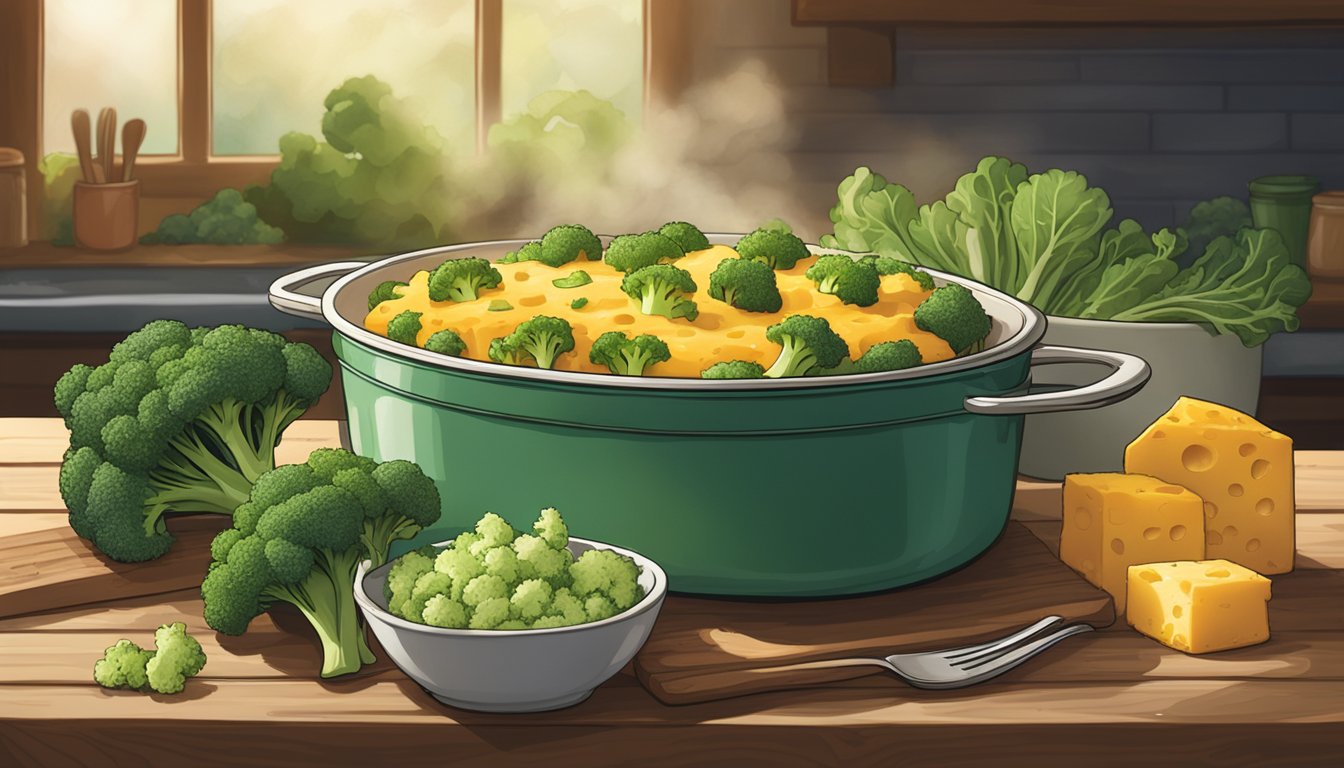 A steaming dish of Amy's broccoli and cheddar bake sits on a rustic wooden table, surrounded by fresh vegetables and herbs, with a warm, inviting glow emanating from the oven