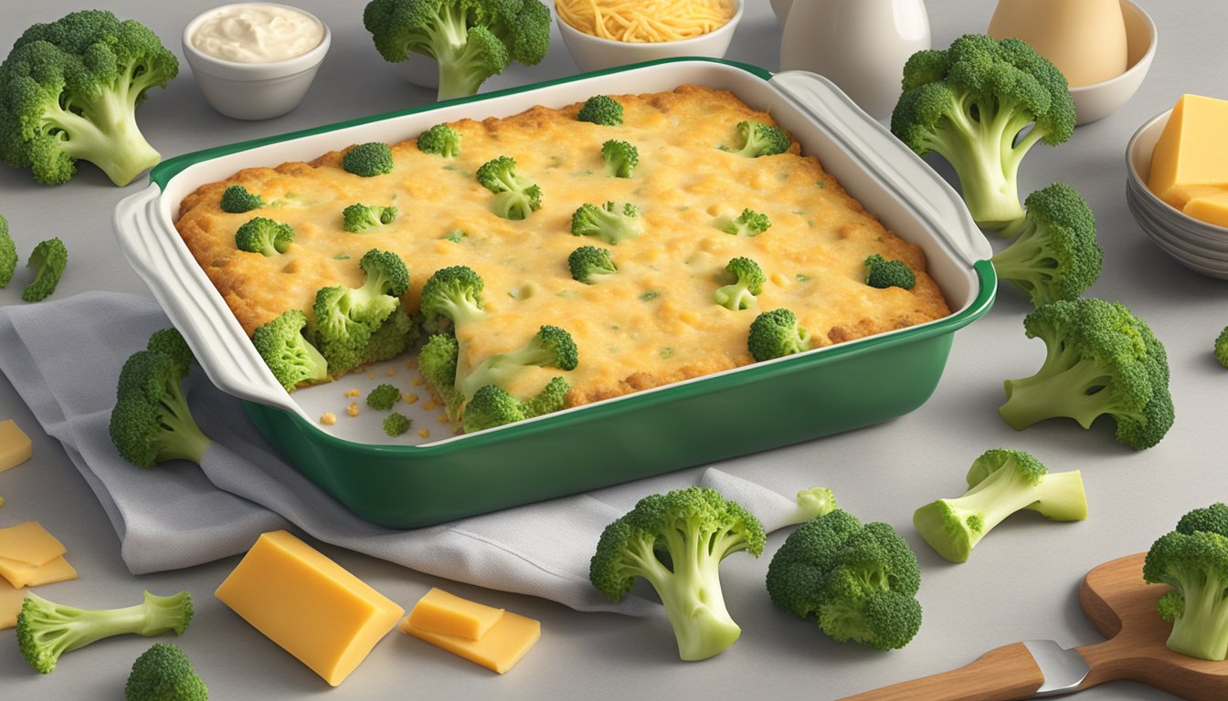 A colorful package of Amy's Broccoli and Cheddar Bake sits on a kitchen counter, surrounded by fresh broccoli and cheese