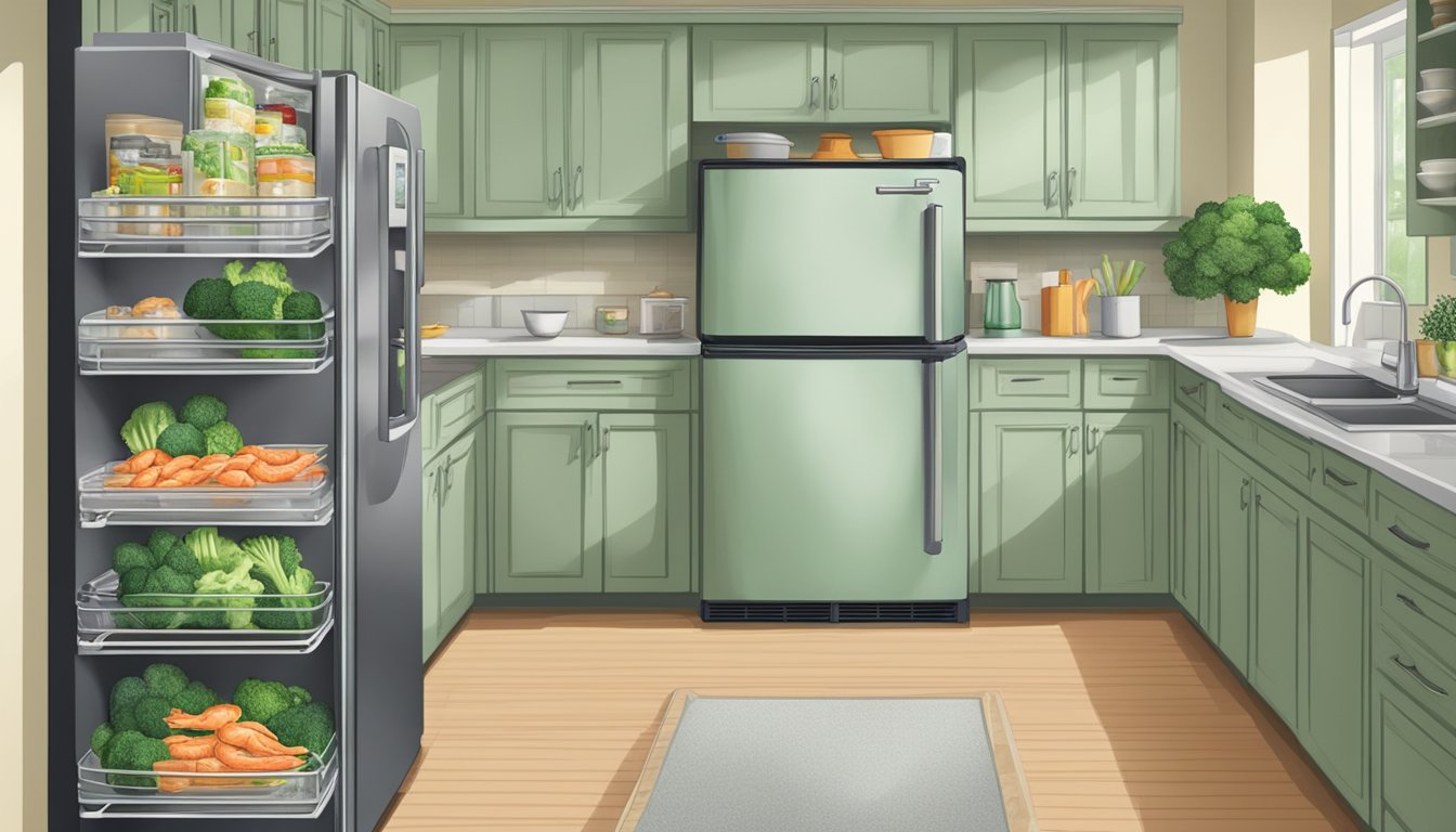 A kitchen scene with a refrigerator and freezer stocked with containers of alfredo shrimp and broccoli. A calendar on the wall indicates the date