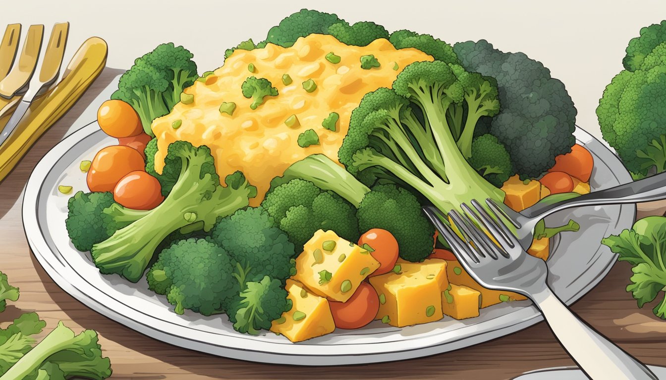 A steaming Amy's broccoli and cheddar bake sits on a white plate, surrounded by colorful vegetables and a fork