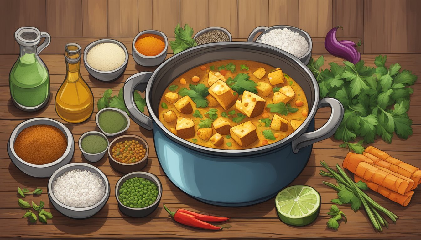 A steaming pot of Amy's Kitchen Indian Mattar Paneer sits on a rustic wooden table, surrounded by colorful spices and fresh ingredients