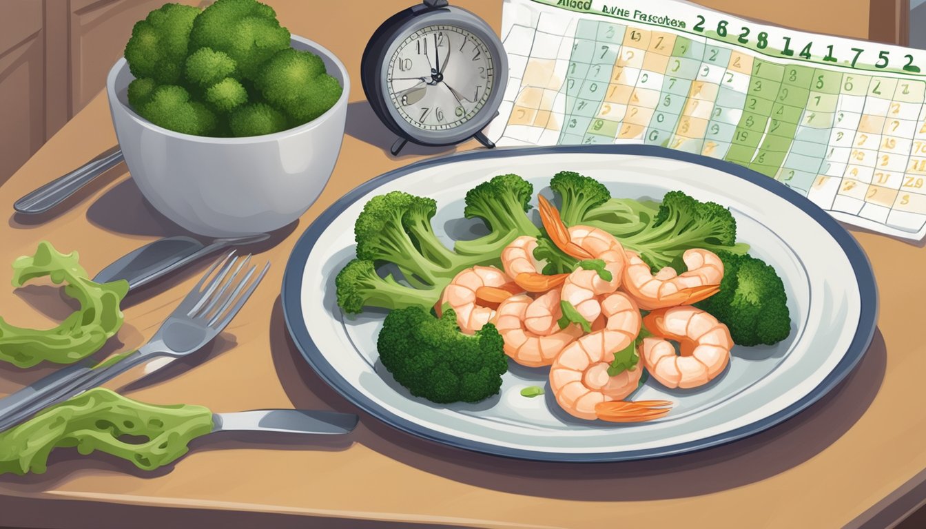 A plate of alfredo shrimp and broccoli sits on a kitchen counter, surrounded by a calendar and a clock, indicating the passage of time and the question of freshness