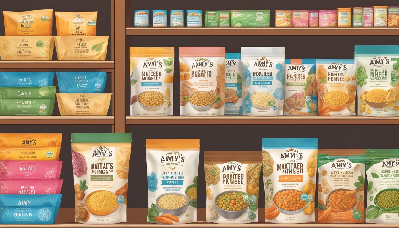 A colorful package of Amy's Kitchen Indian Mattar Paneer sits on a clean, organized shelf, surrounded by other labeled and certified food products