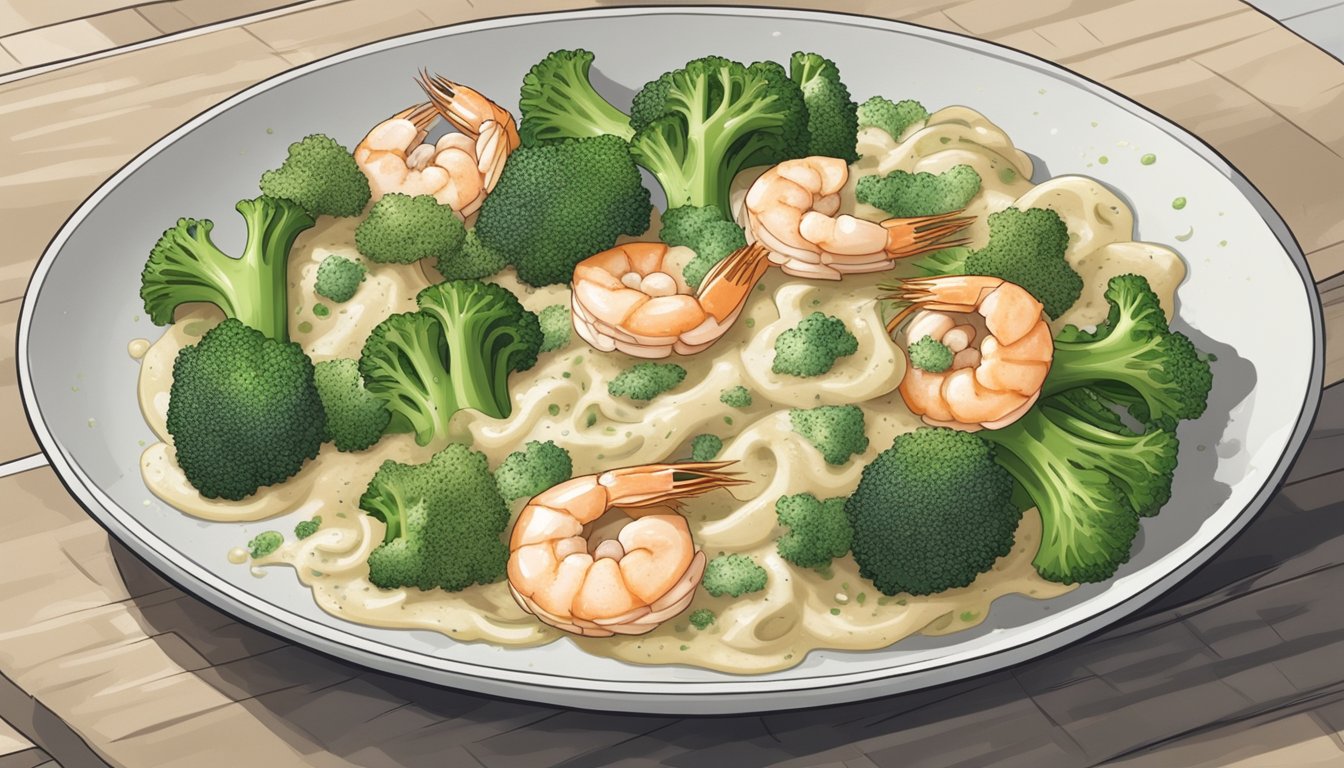 A plate of shrimp alfredo and broccoli sits on a kitchen counter, covered in mold and emitting a foul odor