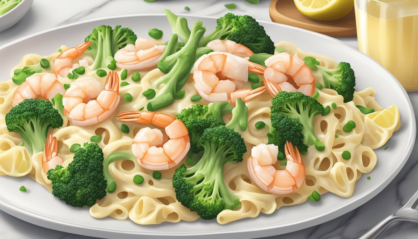 A plate of shrimp alfredo with broccoli sits on a clean, white table. The dish is fresh and inviting, ready to be enjoyed