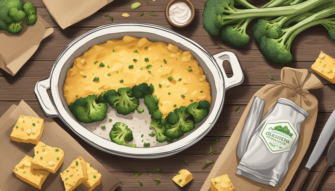 A steaming Amy's Kitchen Broccoli and Cheddar Bake sits on a rustic wooden table, surrounded by scattered ingredients and a crumpled package