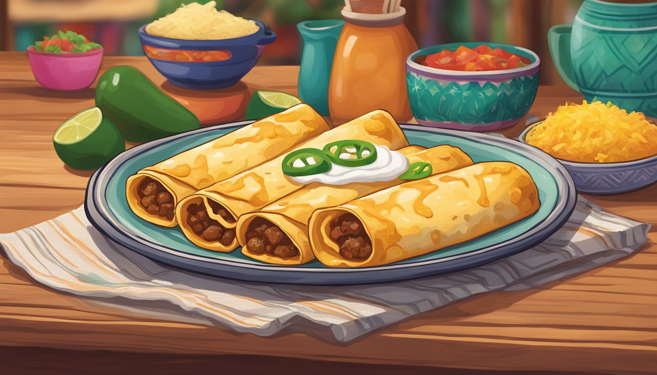 A plate of Amy's Kitchen Cheese Enchiladas sits on a wooden table, surrounded by colorful Mexican-inspired decor