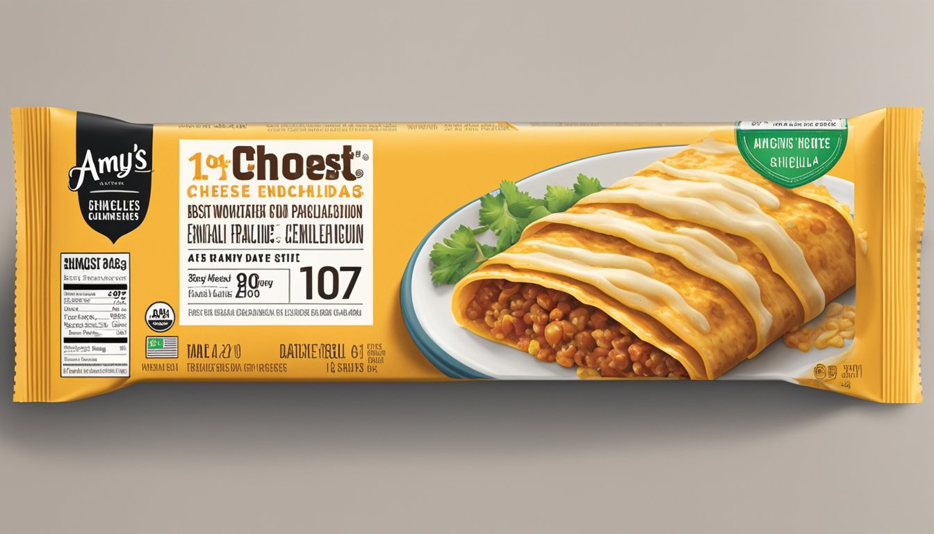 A package of Amy's cheese enchiladas sits on a kitchen shelf, with a "best by" date clearly visible on the packaging