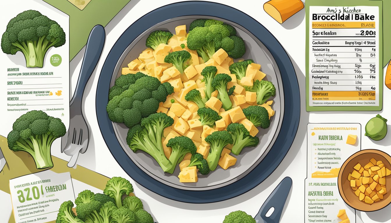 A steaming Amy's Kitchen broccoli and cheddar bake sits on a plate, surrounded by a colorful array of fresh vegetables and a printed nutritional information label