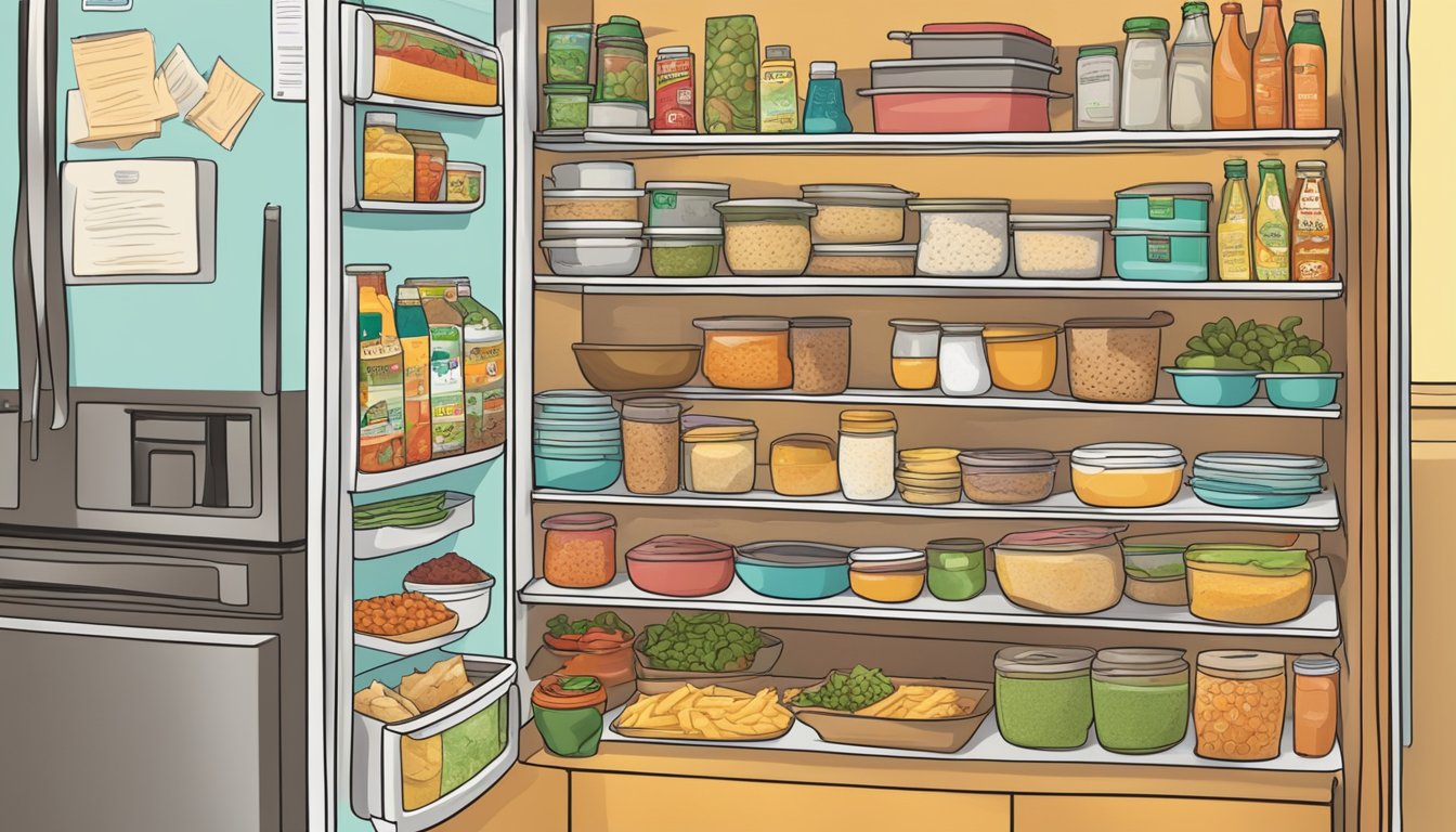 A colorful illustration of a refrigerator shelf with a sealed container of Amy's cheese enchiladas, surrounded by other food items and labeled with a "use by" date