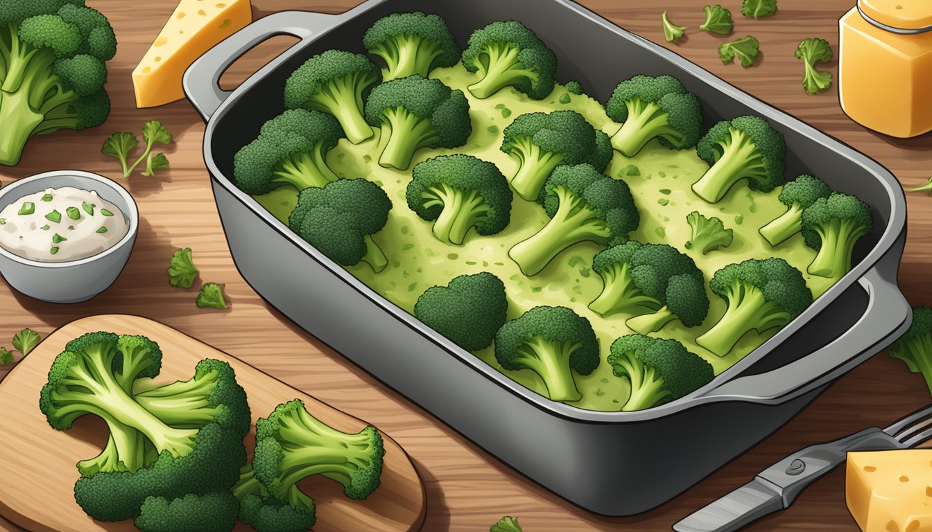 A steaming Amy's Kitchen broccoli and cheddar bake sits on a wooden table, surrounded by fresh broccoli florets and a timer set for 30 minutes