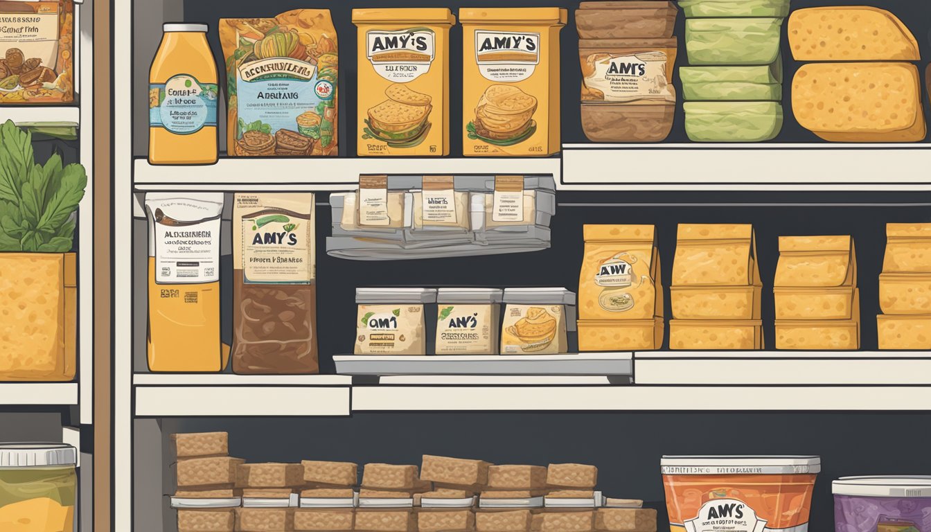 A cheese enchilada sits on a shelf, surrounded by other packaged foods. The packaging is labeled with the name "Amy's" and a "best by" date