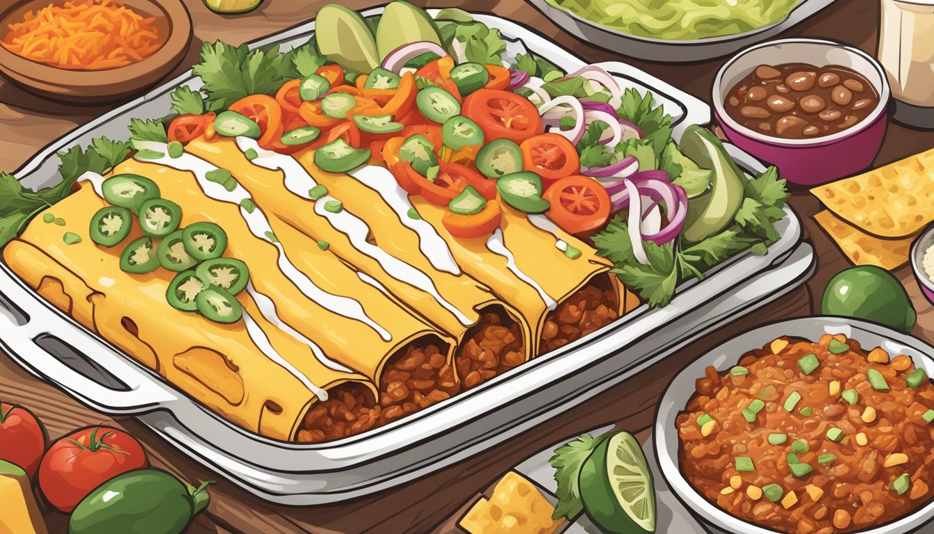 A steaming hot Amy's cheese enchilada sits on a plate, surrounded by colorful toppings and garnishes, ready to be enjoyed